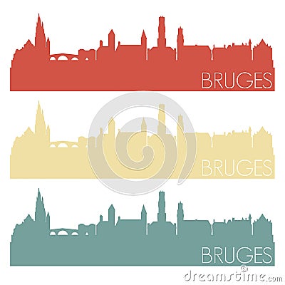 Bruges Skyline Silhouette City Famous Vector Vintage Color Set Design Logo Clip Art. Vector Illustration