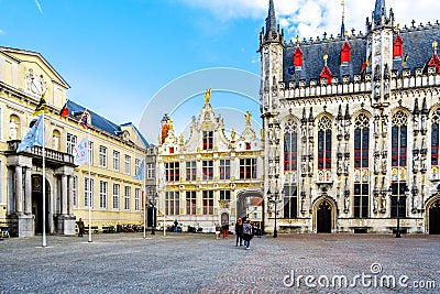 Historic buildings of the Brugse Vrije with the old Civil Registrar building on the right on the Burg Square in Bruges, Belgium Editorial Stock Photo