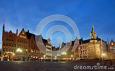 The Market Square in Brugge, Belgium at night Editorial Stock Photo