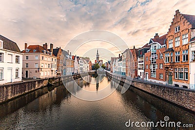 Brugge cityscape. Bruges skyline. Historic street and water channel Stock Photo