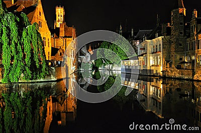 Brugge night view with a canal and old building, Belgium Stock Photo