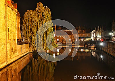 Brugge night view with a canal and old building, Belgium Stock Photo