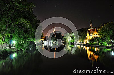 Brugge night view with a canal and old building, Belgium Stock Photo