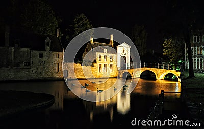 Brugge night view with a canal and old building, Belgium Stock Photo