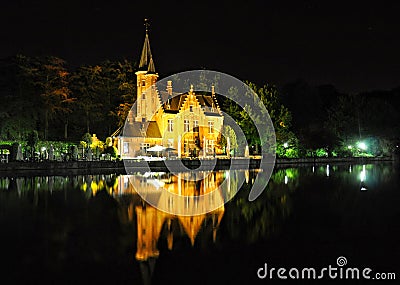 Brugge night view with a canal and old building, Belgium Stock Photo