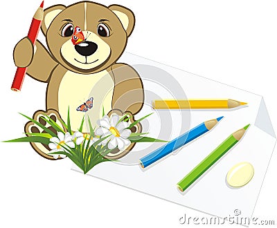 Bruin with pencils and chamomiles Vector Illustration