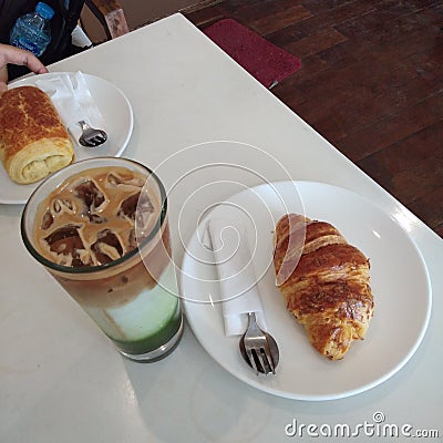 Brunch with bread and Coffee green latte Stock Photo