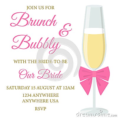 Brunch and bubbly. Bridal shower invitation with a glass of champagne and pink bow on white background. Vector Illustration