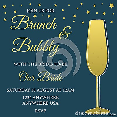 Brunch and bubbly. Bridal shower invitation with the glass of champagne and stars. Vector Illustration
