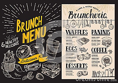 Brunch restaurant menu on blackboard background. Vector food fly Vector Illustration