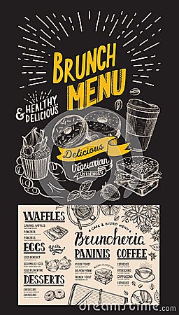 Brunch restaurant menu. Vector food flyer for bar and cafe. Design template with vintage hand-drawn illustrations on chalkboard b Vector Illustration