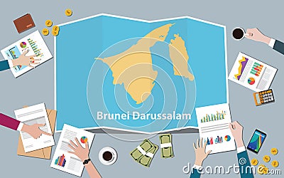Brunei darussalam country growth nation team discuss with fold maps view from top Cartoon Illustration