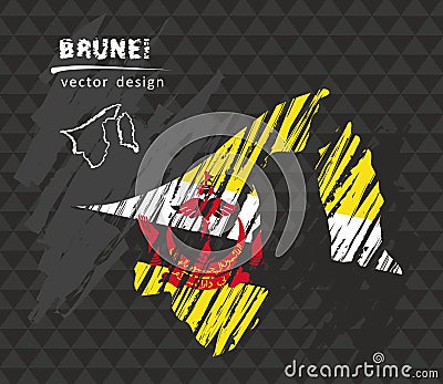 Brunei national vector map with sketch chalk flag. Sketch chalk hand drawn illustration Vector Illustration