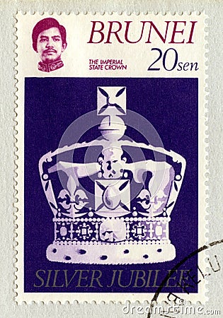 Brunei Postage Stamp Celebrating the Queen`s Silver Jubilee Editorial Stock Photo