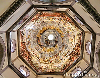 Brunelleschi`s Dome. Basilica di Santa Maria del Fiore, Duomo, Florence, Italy. Painting in Firenze cathedral. Painting inside of Editorial Stock Photo