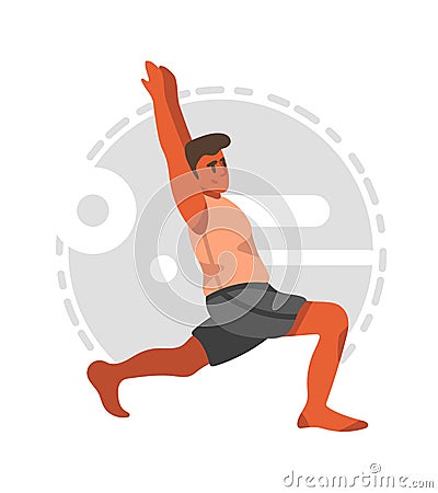 Brunet positive cartoon guy puts his hands up and practices yoga poses vector Vector Illustration