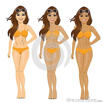 Brunette in bikini showing tanning tones from natural to dark tan Vector Illustration