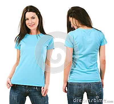 Brunette with blank light blue shirt Stock Photo