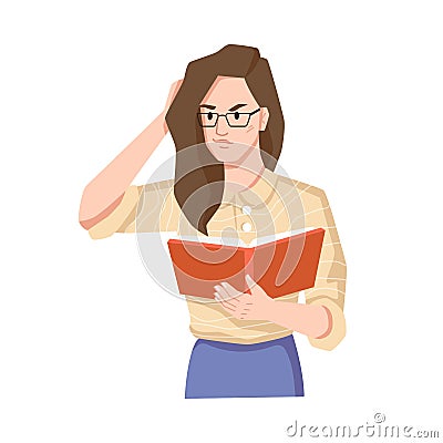 Brunette with book irritated annoyed from reading Vector Illustration