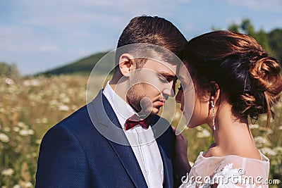 The bride and groom on the wedding day are standing on the nature of touching each others Stock Photo
