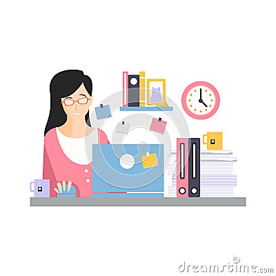 Brunette businesswoman character sitting at the computer desk with laptop working and drinking tea, daily life of office Vector Illustration