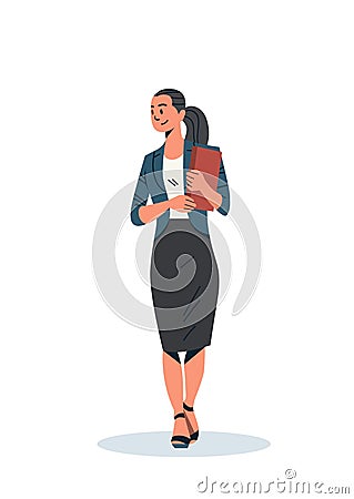 Brunette businesswoman holding checklist business woman office worker female cartoon character flat full length isolated Vector Illustration