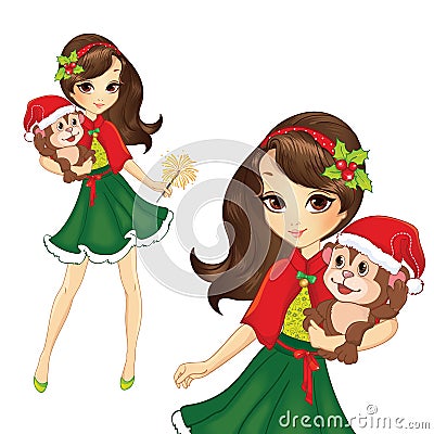 Brunette Christmas Girl With Monkey Vector Illustration