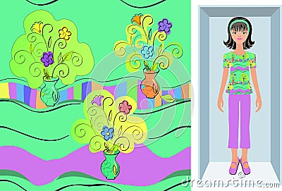 A brunette doll in bright pajamas with a hand-drawn pattern in a box is an example of using the pattern. Seamless vector Vector Illustration