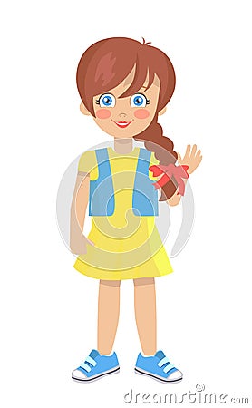 Brunette Doll Like Girl with Thick Braid in Dress Vector Illustration