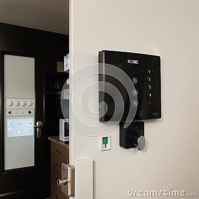 brunette entering code on keypad of home security alarm Video intercom next to alarm keypad Stock Photo