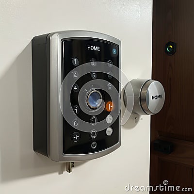 brunette entering code on keypad of home security alarm Video intercom next to alarm keypad Stock Photo