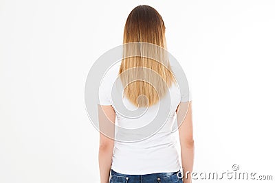 Brunette girl with blonde ombre long and smooth straight healthy hair isolated on white background. Young woman fashion hairstyle Stock Photo