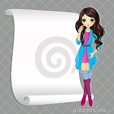 Brunette Girl In Cardigan With Banner Vector Illustration