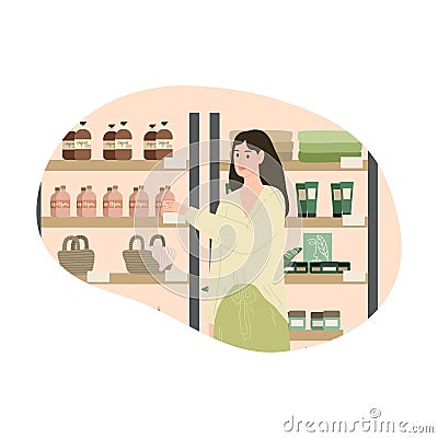 Brunette girl choosing organic bodycare products in cosmetics store Vector Illustration