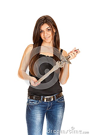 Brunette girl with a dagger in his hand Stock Photo