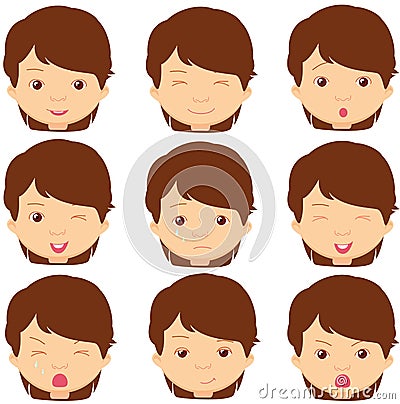 Brunette girl emotions: joy, surprise, fear, sadness, sorrow, cr Vector Illustration