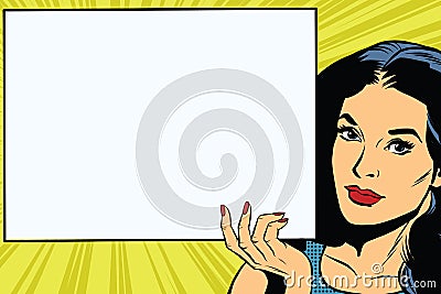 Brunette girl holding a blank rectangular poster Vector Illustration
