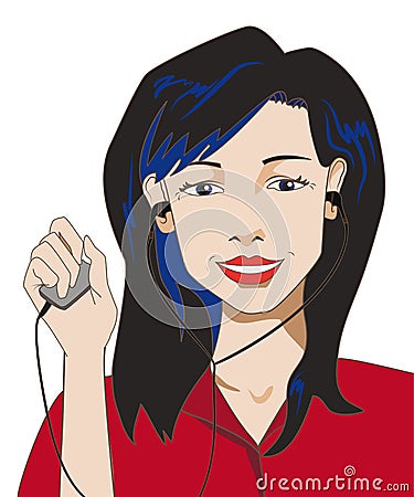 Brunette girl holding a music player and listen to music with he Vector Illustration