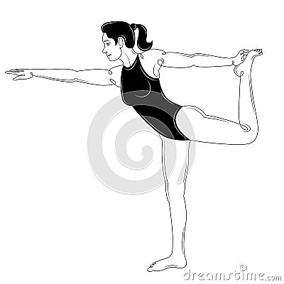 Brunette girl with long hair in a black sports bikini closed swimsuit practices yoga. Cartoon Illustration