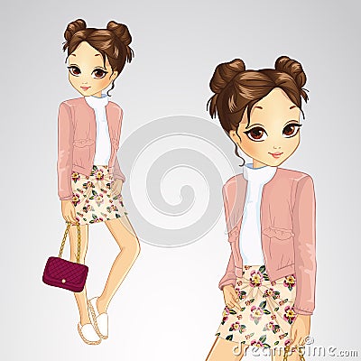 Brunette Girl In Pink Jacket Vector Illustration