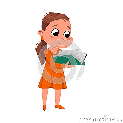 Brunette Girl Reading Book while Standing, Adorable Preschooler Kid or Elementary School Student Enjoying Literature Vector Illustration