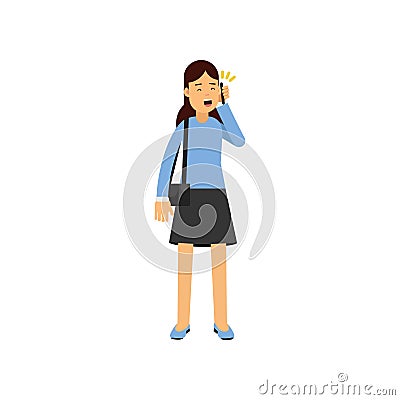 Brunette girl talking by phone, female student using electronic device vector Illustration Vector Illustration