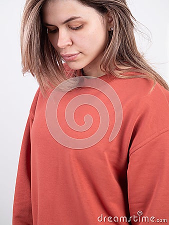 Brunette girl thought about what choice she should make. problems of teenagers. fashionable image of a teenager or student Stock Photo