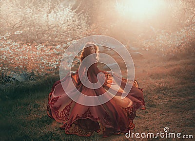 A brunette girl with wavy, thick hair runs to the sun and looks back. The princess has a luxurious, chiffon, red dress Stock Photo