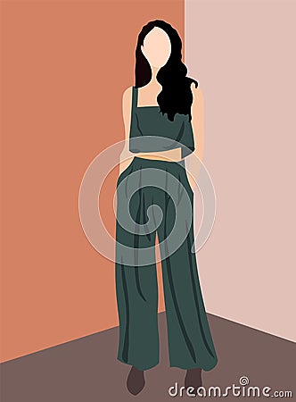 Brunette glamorous woman dressed in olive pants, top and brown shoes Vector Illustration