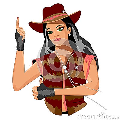 Girl in a cowboy hat pointing up Vector Illustration