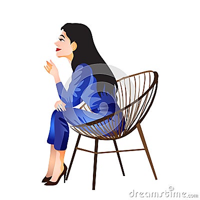 Brunette with long hair sits in a blue blouse and pants and shoes and sits and thinks. Brunette sitting and smiling Vector Illustration