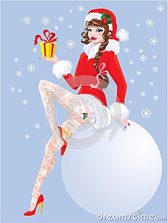 Brunette Pin Up Christmas Girl wearing Santa Claus Vector Illustration