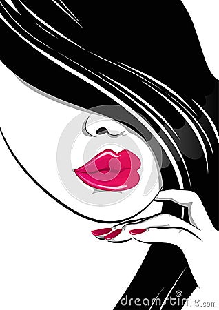 Brunette with red lips and nails Vector Illustration