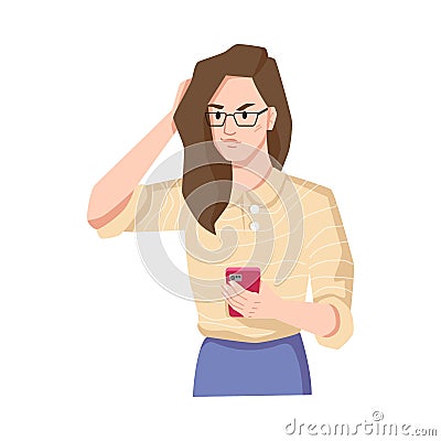 Brunette with smartphone irritated or annoyed girl Vector Illustration